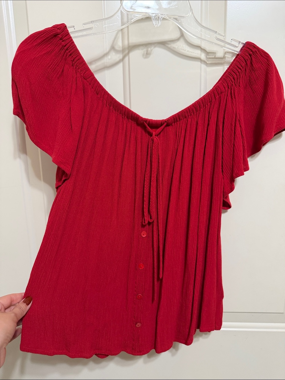 Express Red Off-Shoulder Tie-Front Flutter Blouse